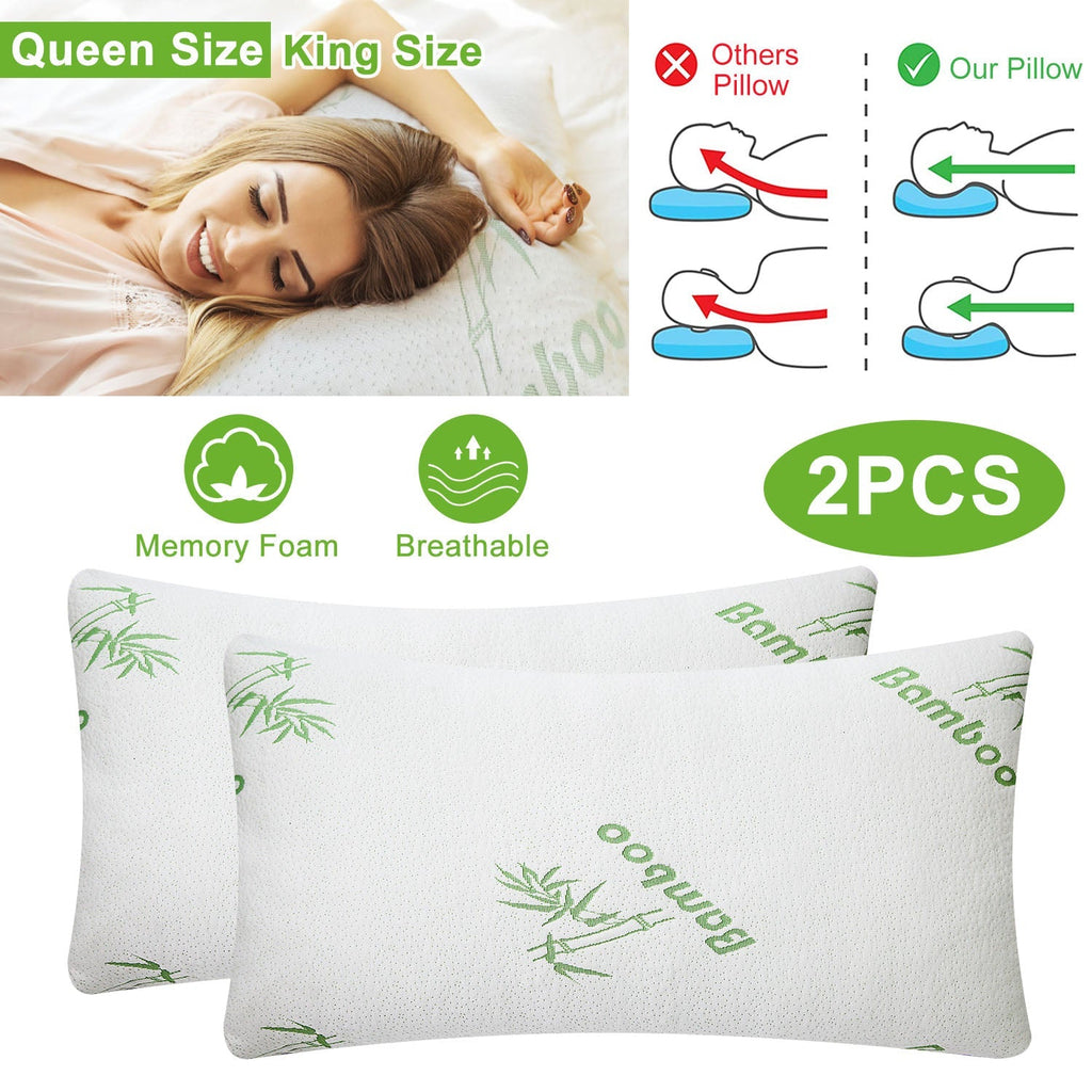 2Pcs Bamboo Memory Foam Pillow Hypoallergenic Bed Pillow For Head Neck Rest Sleeping Shredded Pillow Washable Cover Queen Size Pillow
