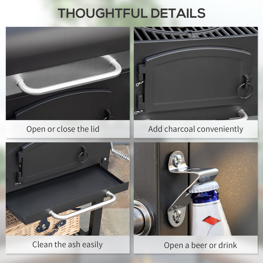 Charcoal Grill with Adjustable Height and Folding Shelves - Black Steel