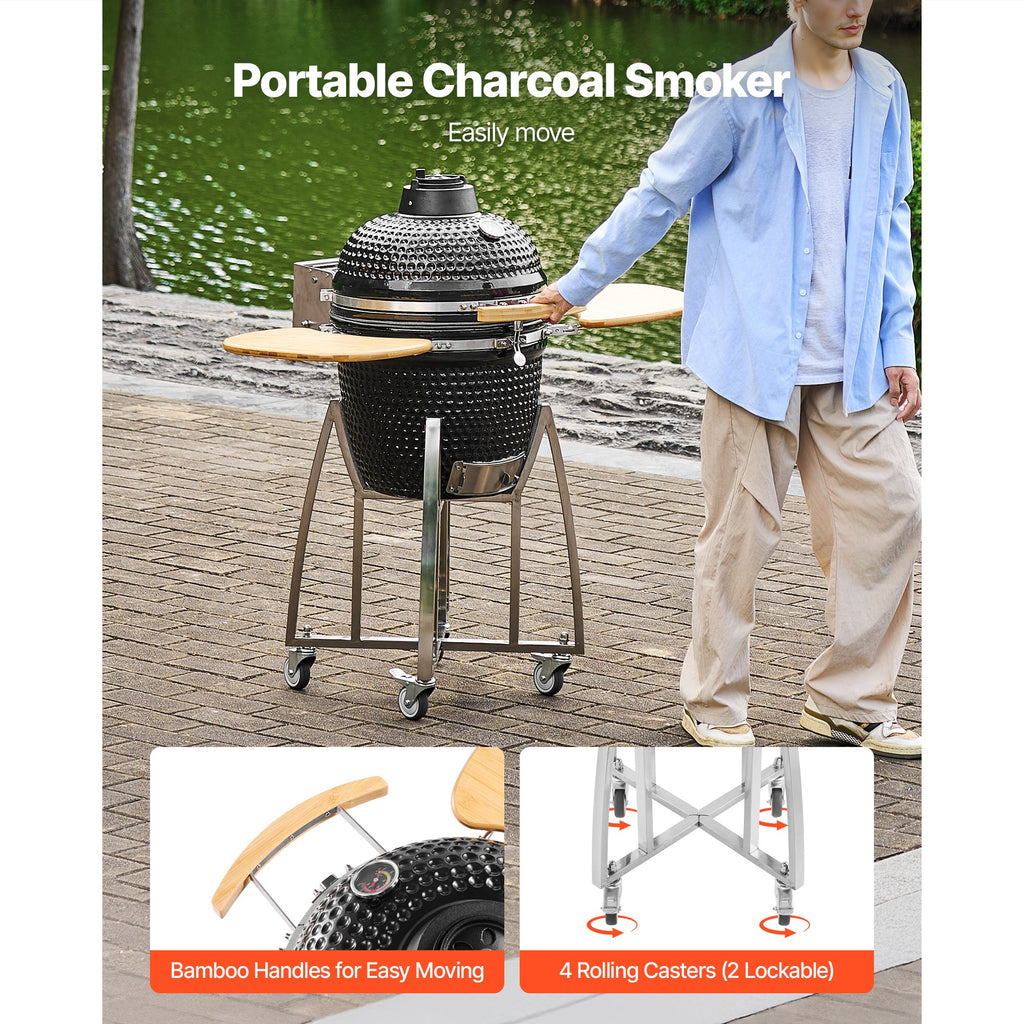 18" Kamado Charcoal Smoker and Grill with Ceramic Construction - Charcoal