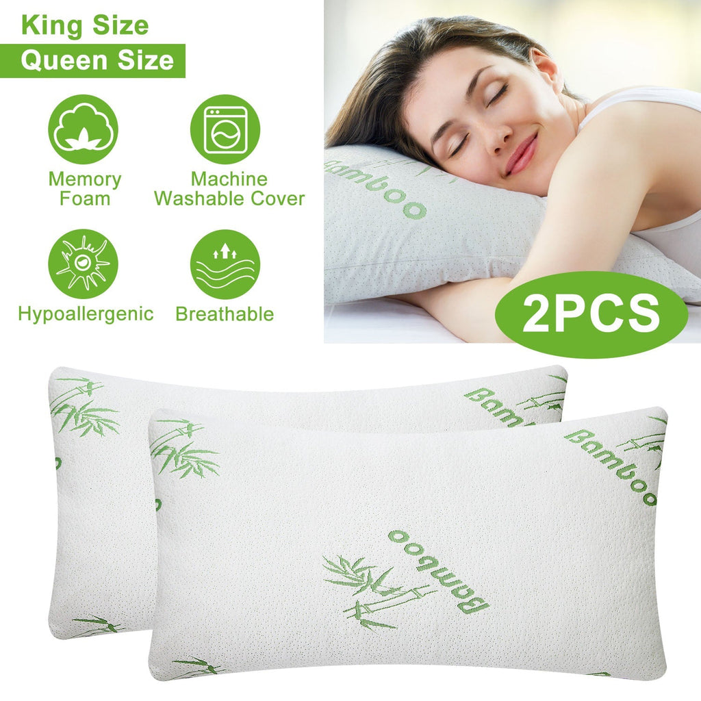 2Pcs Bamboo Memory Foam Pillow Hypoallergenic Bed Pillow For Head Neck Rest Sleeping Shredded Pillow Washable Cover Queen Size Pillow