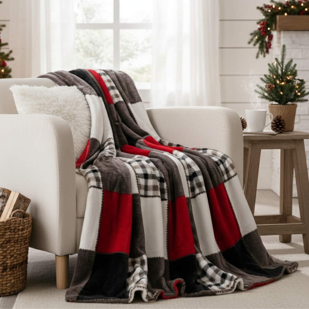 Tache Brown Red Sunset Maple Farmhouse Plaid Patchwork Throw Blanket (4025)