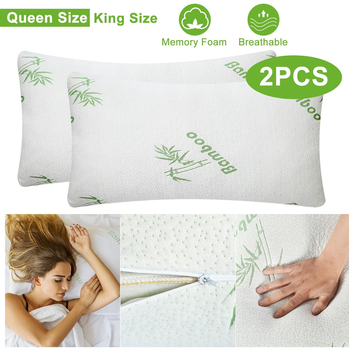 2Pcs Bamboo Memory Foam Pillow Hypoallergenic Bed Pillow For Head Neck Rest Sleeping Shredded Pillow Washable Cover Queen Size Pillow