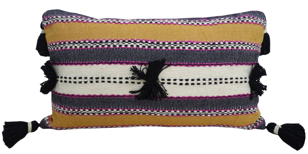 Vibhsa Purple & Mustard Lumbar Pillow 14x24 with Pom-Poms and Tassels
