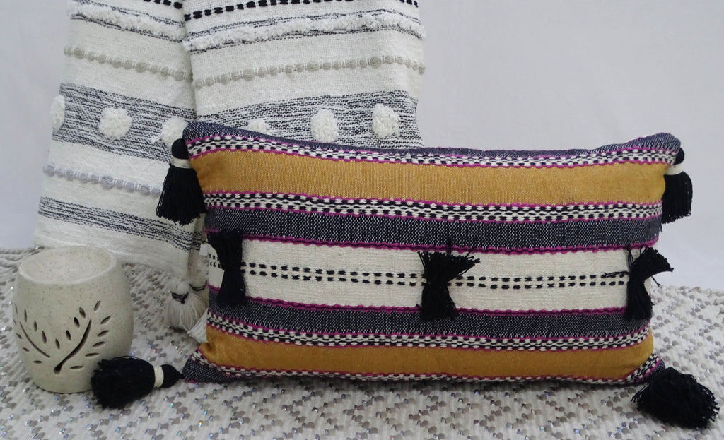 Vibhsa Purple & Mustard Lumbar Pillow 14x24 with Pom-Poms and Tassels