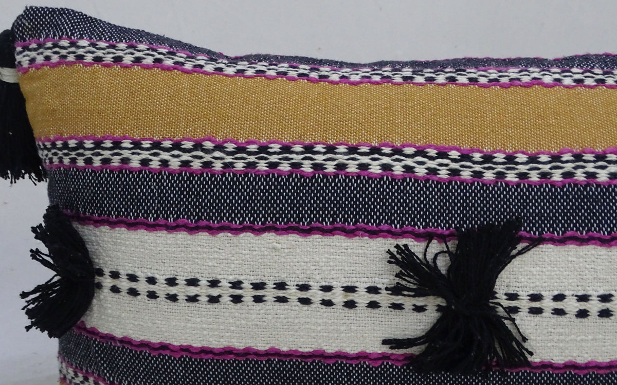 Vibhsa Purple & Mustard Lumbar Pillow 14x24 with Pom-Poms and Tassels