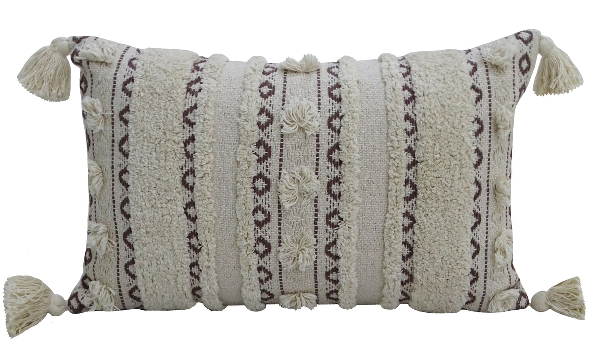Vibhsa Ivory & Black Handwoven Lumbar Pillow 14x24 with Fringes