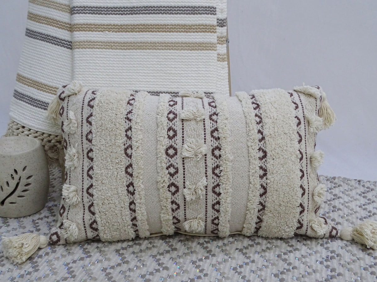 Vibhsa Ivory & Black Handwoven Lumbar Pillow 14x24 with Fringes