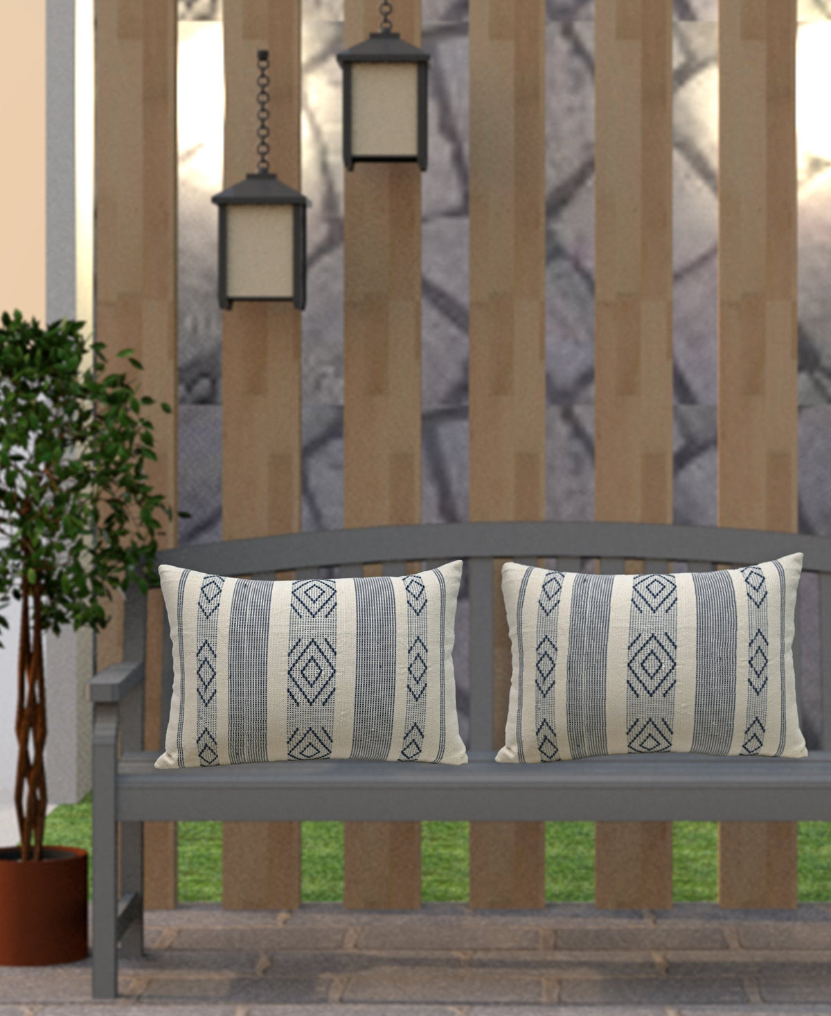 Vibhsa Navy & Ivory Jacquard Woven Throw Pillow 14x20, 100% Cotton