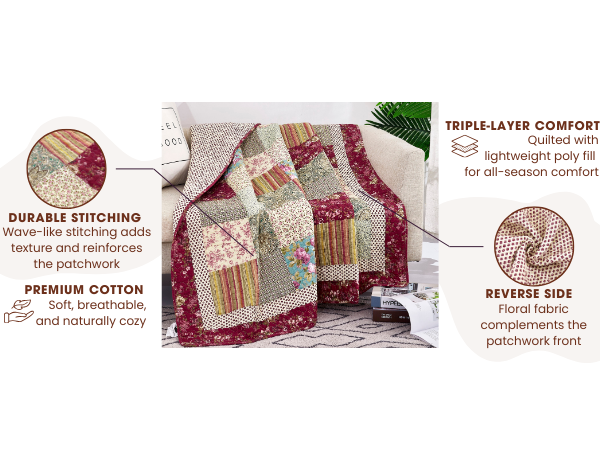 Tache Fairy Tale Tea Party Beige Burgundy Paisley Floral Cotton Patchwork Quilted Throw Blanket (DXJ103443)
