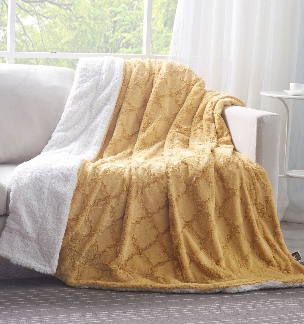 Tache Faux Fur Mustard Yellow Moroccan Lattice Pattern Throw Blanket (3397)