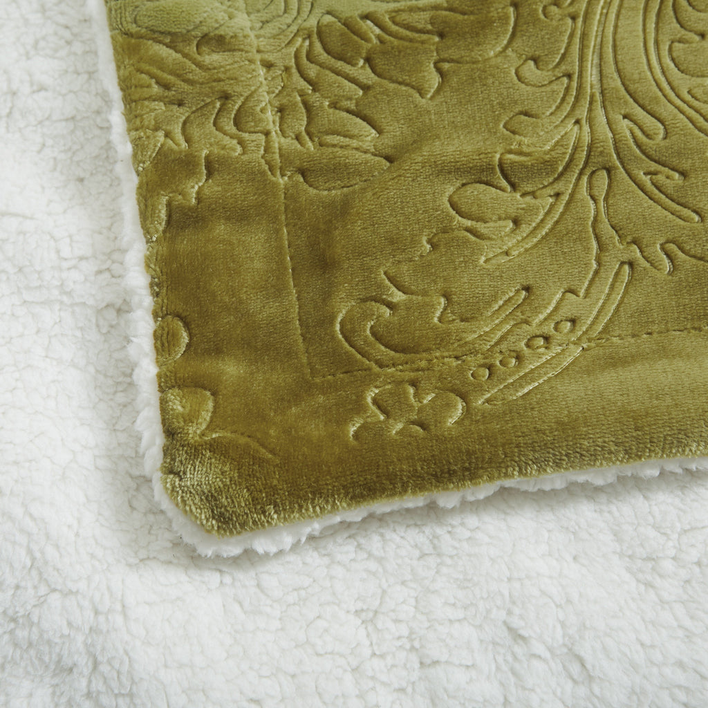 Tache Solid Embossed Green Olive Chartreuse Sherpa Throw Blanket (62096)