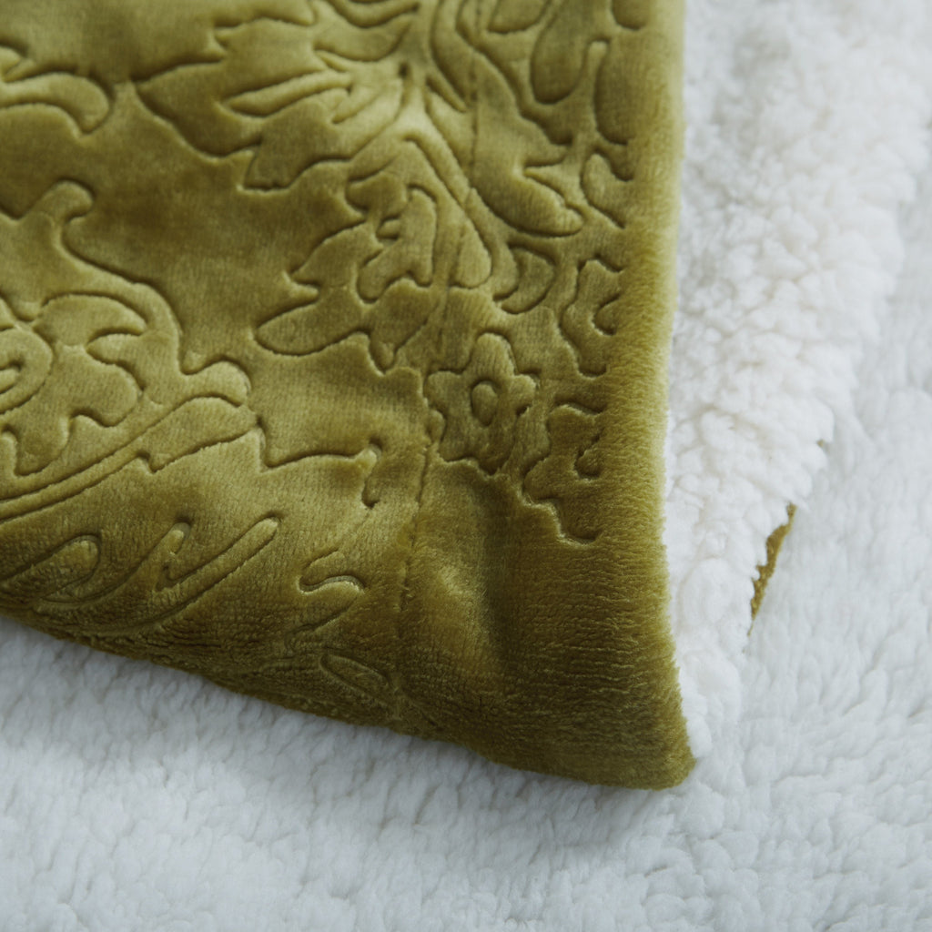 Tache Solid Embossed Green Olive Chartreuse Sherpa Throw Blanket (62096)