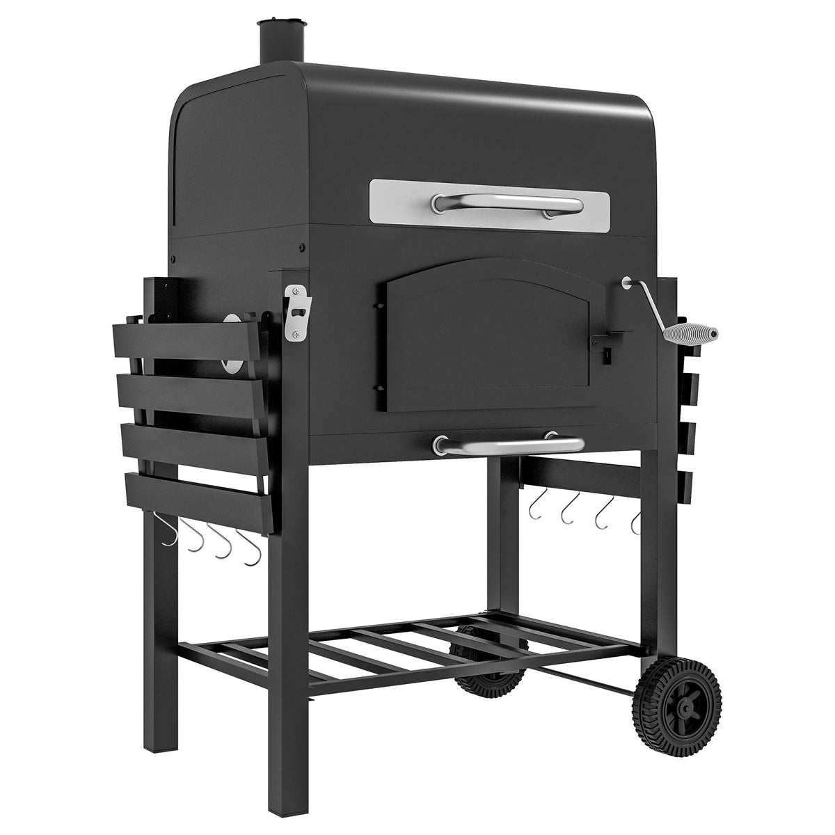 Charcoal Grill with Adjustable Height and Folding Shelves - Black Steel