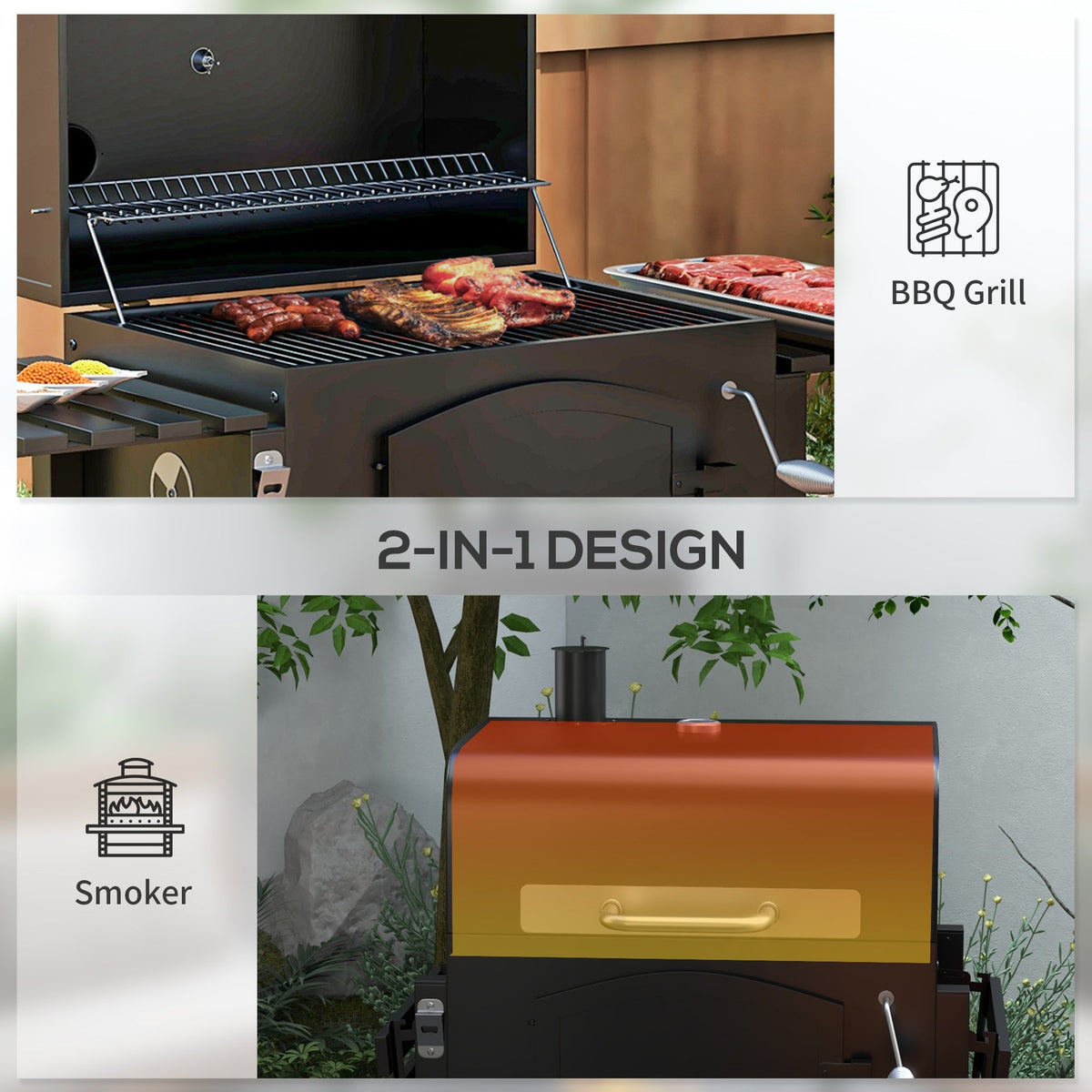 Charcoal Grill with Adjustable Height and Folding Shelves - Black Steel